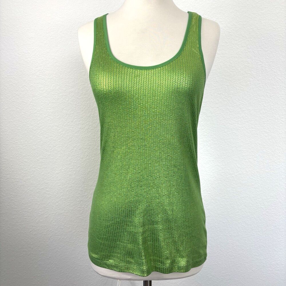 Energie Y2K Womens Tank Top L Neon Green Shiny Long Rave Cyberpunk Glow Electric